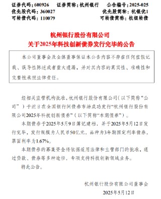 杭州银行：成功发行50亿元科技创新债券