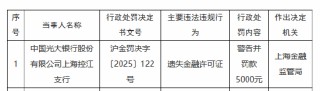 光大银行上海控江支行因遗失金融许可证被罚