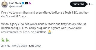 马斯克吐槽传统车企不愿使用特斯拉的FSD技术：“他们不想要，简直疯了！”