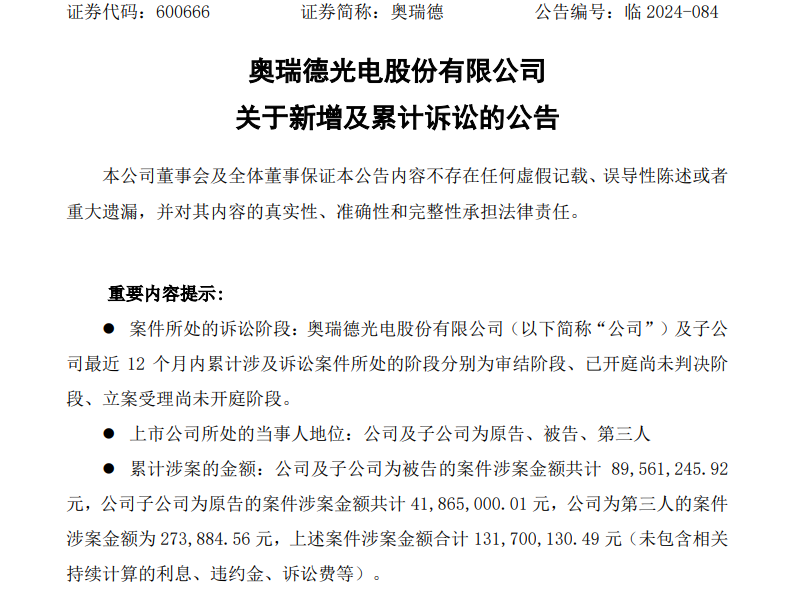 奥瑞德四个月内两换董事长，前三季亏超2000万元涉案金额高达上亿元  第2张
