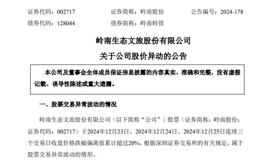 岭南股份3连跌停！突然公告：多笔债务逾期，流动资金紧张！2年多净亏28亿元，控股股东为地方国资  第2张