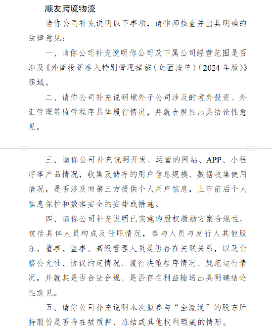 顺友跨境物流收证监会境外上市备案反馈意见：需说明经营范围数据安全合规性 是否向第三方提供个人用户信息  第1张