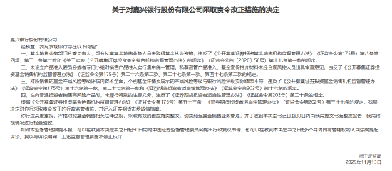 嘉兴银行被责令改正:对所销售的基金产品风险等级评估内容不全面等 第1张 嘉兴银行被责令改正:对所销售的基金产品风险等级评估内容不全面等 第1张