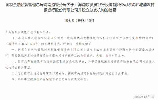 浦发银行获批收购韩城浦发村镇银行并设立分支机构 第1张 浦发银行获批收购韩城浦发村镇银行并设立分支机构 第1张