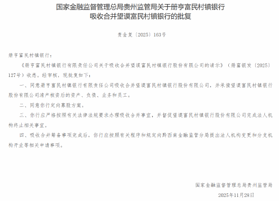册亨富民村镇银行获批吸收合并望谟富民村镇银行 第1张 册亨富民村镇银行获批吸收合并望谟富民村镇银行 第1张
