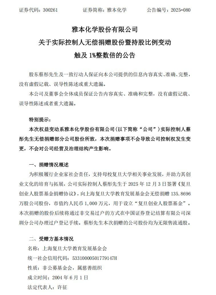 300261实控人,向复旦捐赠千万元市值股份 第1张 300261实控人,向复旦捐赠千万元市值股份 第1张